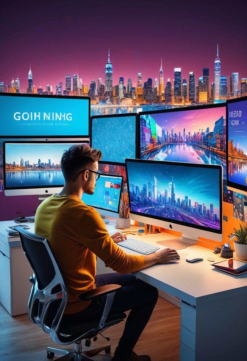 A striking visual of a web designer at work, surrounded by vibrant screens displaying beautiful website mockups, icons of digital tools floating around, and sketches of web designs scattered on a modern desk. The background features an inspirational city skyline representing the digital world. Super-realistic. vibrant colors. modern style.