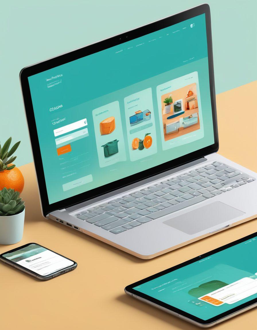 A visually stunning e-commerce website interface showing a seamless user experience. Include elements like vibrant product images, intuitive navigation, and an engaging checkout process. Showcase diverse customers enjoying shopping online on various devices. Incorporate a color palette that evokes trust and excitement. digital illustration. vibrant colors. sleek and modern design.